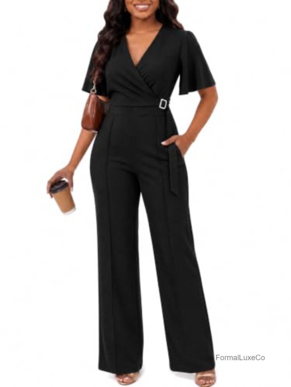 Wide Leg Jumpsuit with Pockets Deep V Neck Zip Back Short Sleeve